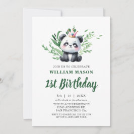 Invitación Oso Panda Adorable Acuarela Verde Cumpleaños 1