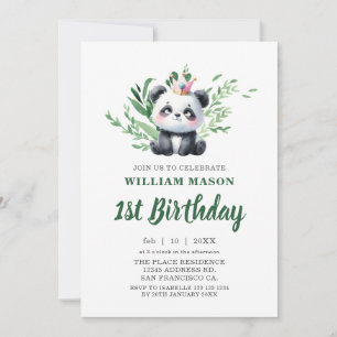 Invitación Oso Panda Adorable Acuarela Verde Cumpleaños 1