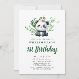 Invitación Oso Panda Adorable Acuarela Verde Cumpleaños 1