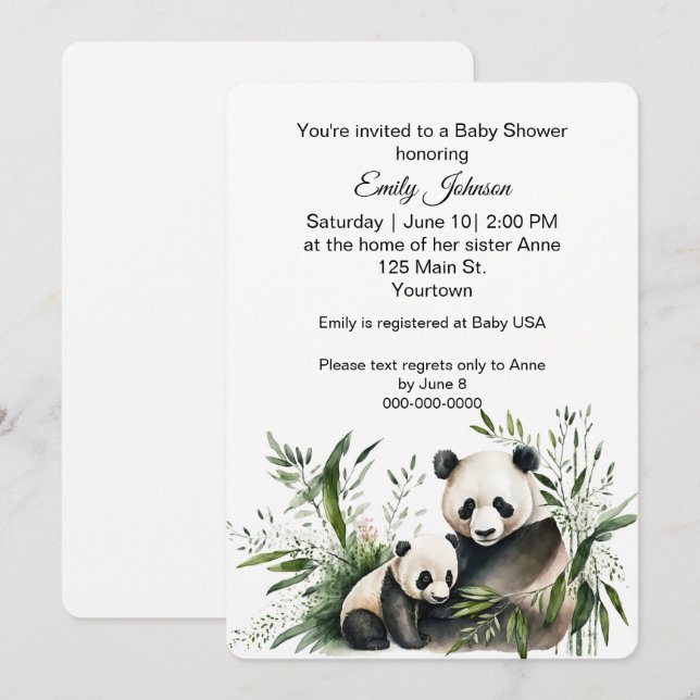 Invitación Oso Panda Con Cachorro (Anverso / Reverso)