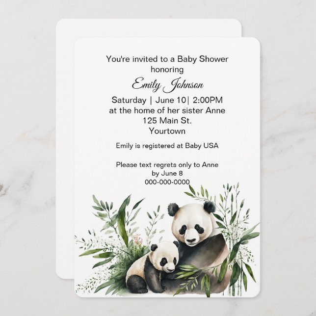 Invitación Oso Panda Con Cachorro (Anverso / Reverso)