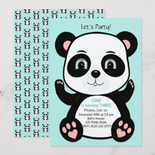 Invitación Oso Panda Lindo en Cumpleaños Azul Turquesa Claro