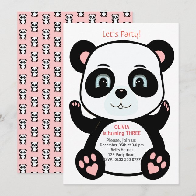Invitación Oso Panda Lindo en Cumpleaños Rosa y Blanco (Anverso / Reverso)
