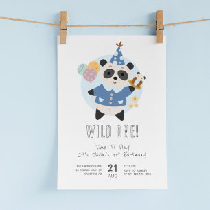 Invitación Oso Panda Salvaje Azul Cumpleaños 1