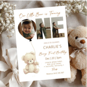 Invitación Oso Pequeño Adorable Neutral con Foto Cumpleaños 1