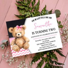 Invitación Oso Pequeño Rosa Cumpleaños Chevron Rosa Teddy Bea