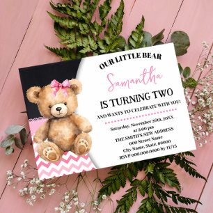 Invitación Oso Pequeño Rosa Cumpleaños Chevron Rosa Teddy Bea