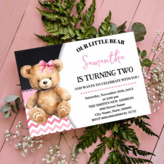 Invitación Oso Pequeño Rosa Cumpleaños Chevron Rosa Teddy Bea