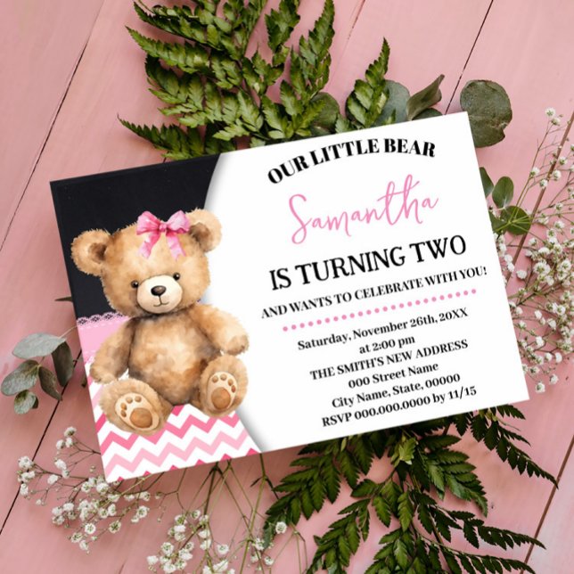 Invitación Oso Pequeño Rosa Cumpleaños Chevron Rosa Teddy Bea (Subido por el creador)