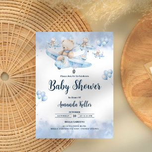 Invitación Oso piloto en el cielo - Baby Shower azul