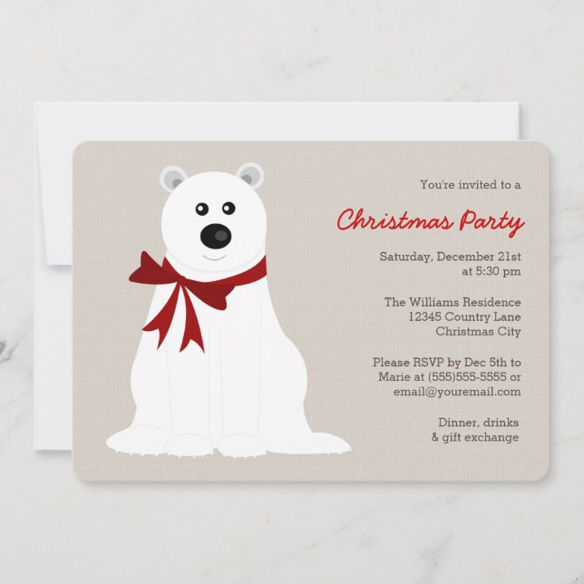 Invitación Oso polar con Fiesta de Navidades de oso rojo (Anverso)