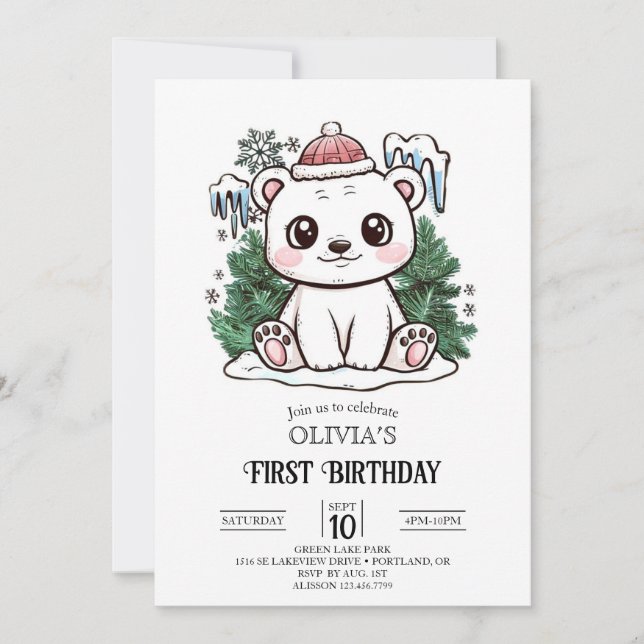Invitación Oso Polar de Boho de Nieve Primer Cumpleaños Digit (Anverso)