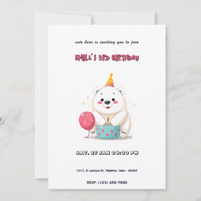 Invitación Oso polar de cumpleaños con Fiesta Gorra (Anverso)