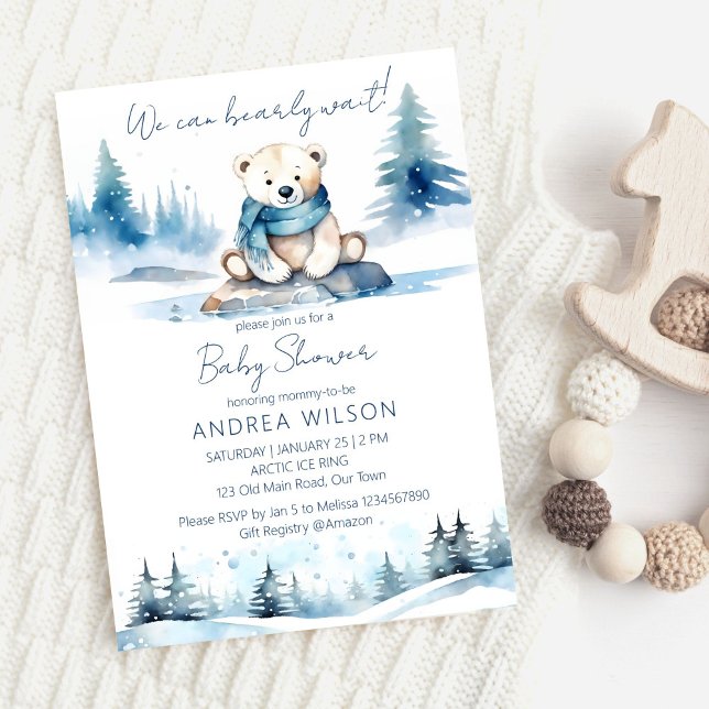 Invitación Oso polar de invierno espera la ducha de bebé (Polar bear winter bearly wait baby shower editable template invitation digital download cute teddy)