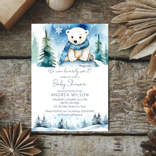 Invitación Oso polar de invierno espera la ducha de bebé (Polar bear winter bearly wait baby shower editable template  invitation digital download cute pines)