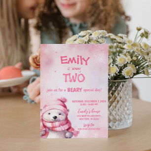 Invitación Oso Polar de Invierno Rosado Copos de Nieve Fiesta