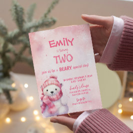 Invitación Oso Polar de Invierno Rosado Copos de Nieve Fiesta