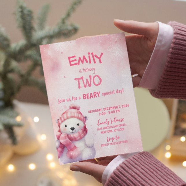 Invitación Oso Polar de Invierno Rosado Copos de Nieve Fiesta (Subido por el creador)