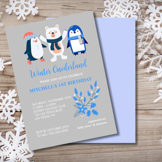 Invitación Oso polar de pingüino azul marino de invierno (Subido por el creador)
