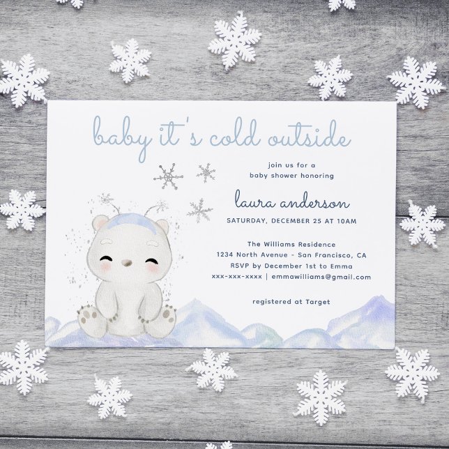 Invitación Oso polar está frío fuera del Baby Shower invernal (Polar Bear Baby It's cold Outside Card with blue watercolor snowflakes. Image from freepik)