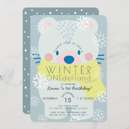 Invitación Oso Polar Invierno Onederland Azul Primer cumpleañ