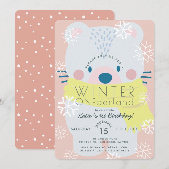 Invitación Oso Polar Invierno Onederland Pink 1er cumpleaños (Anverso / Reverso)
