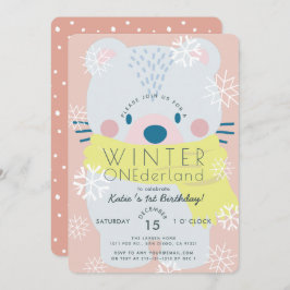 Invitación Oso Polar Invierno Onederland Pink 1er cumpleaños