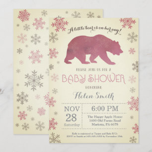 Invitación Oso Polar Invierno Rosa Niña Baby Shower Copo de N