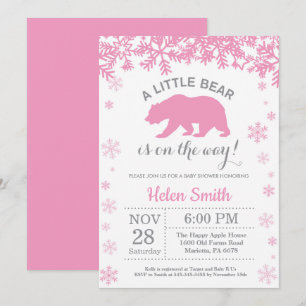 Invitación Oso Polar Invierno Rosa Niña Baby Shower Copo de N