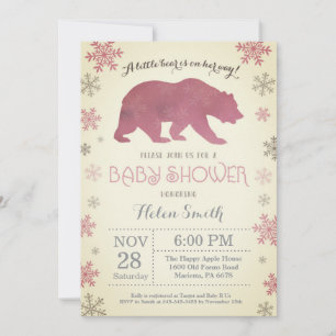 Invitación Oso Polar Invierno Rosa Niña Baby Shower Copo de N