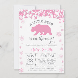 Invitación Oso Polar Invierno Rosa Niña Baby Shower Copo de N