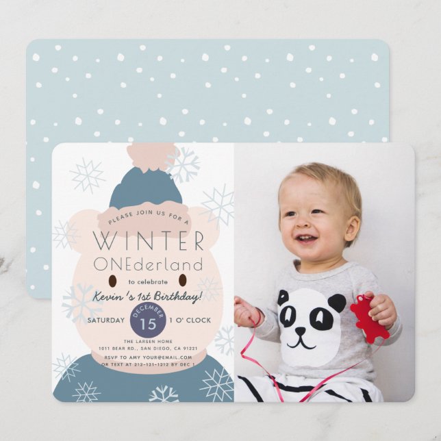 Invitación Oso Polar Niño De Onederland Primera Foto Cumpleañ (Anverso / Reverso)