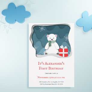 Invitación Oso Polar Pequeño con Presente Rojo Primer Cumplea