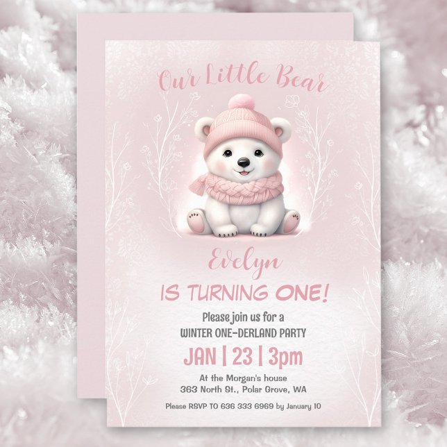 Invitación Oso Polar Rosado de Omán de Invierno Primer Cumple (Winter Onederland Pink Polar Bear 1st Birthday Invitation)