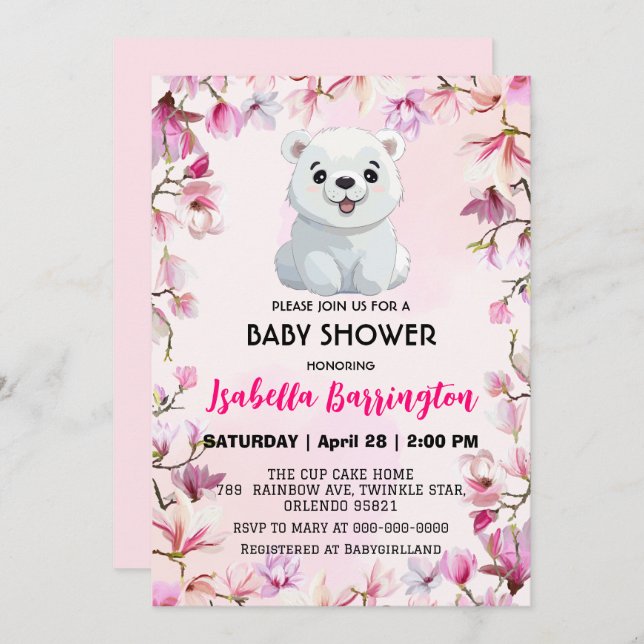 Invitación Oso polar rosado flores silvestres bebé ducha (Anverso / Reverso)