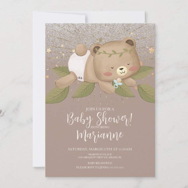 Invitación Oso Purpurina de Baby Shower Bohemias Stars Gold (Anverso)