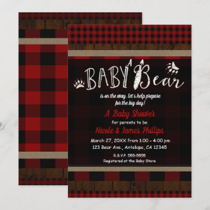 Invitación Oso Rojo de Cuadro Rústico Baby Shower Unisex