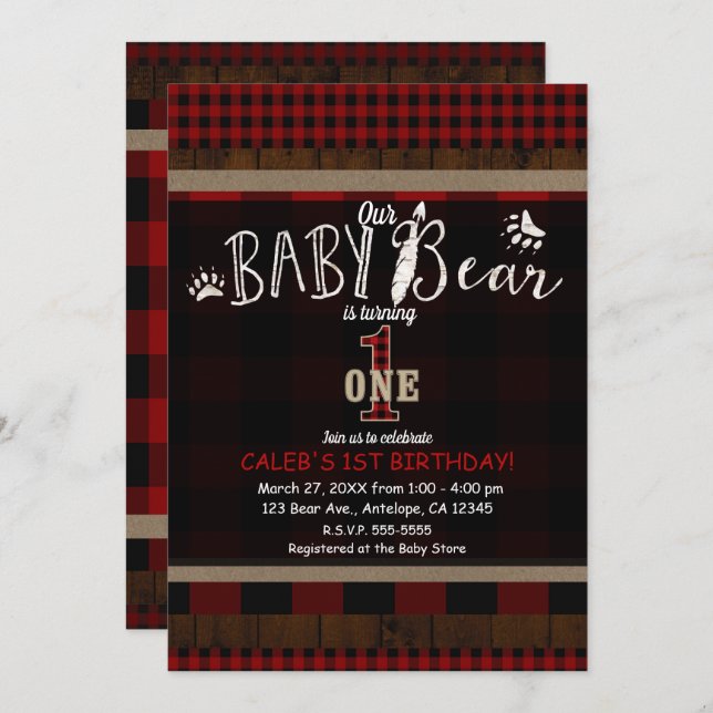 Invitación Oso Rojo Rústico Pintado Primer Fiesta de cumpleañ (Anverso / Reverso)