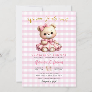 Invitación Oso Rosa Baby Shower Gingham Puede Esperar