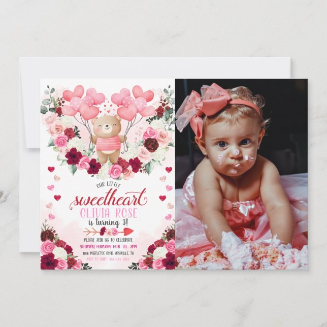 Invitación Oso rosa, cariño, foto de San Valentín cumpleaños (Anverso)