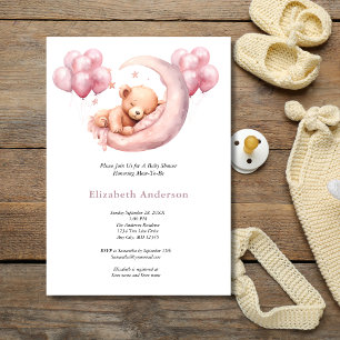 Invitación Oso Rosa Durmiendo en Globos de Luna Baby Shower