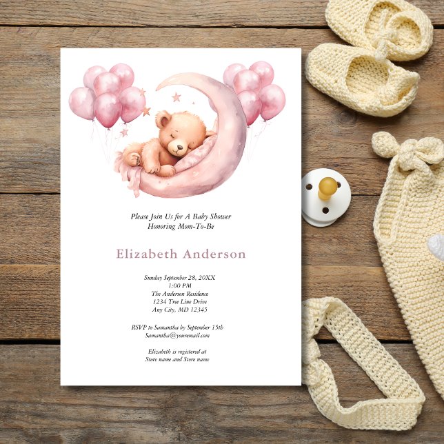 Invitación Oso rosa durmiendo en globos lunares Baby Shower (Pink Baby Bear Sleeping in Moon Baby Shower for Girl Invitation)