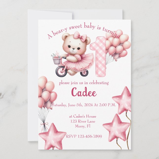 Invitación Oso rosa en cumpleaños de BIcycle (Anverso)