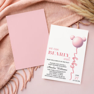 Invitación Oso Rosa Suave Esperando Globo de Teddy Niña