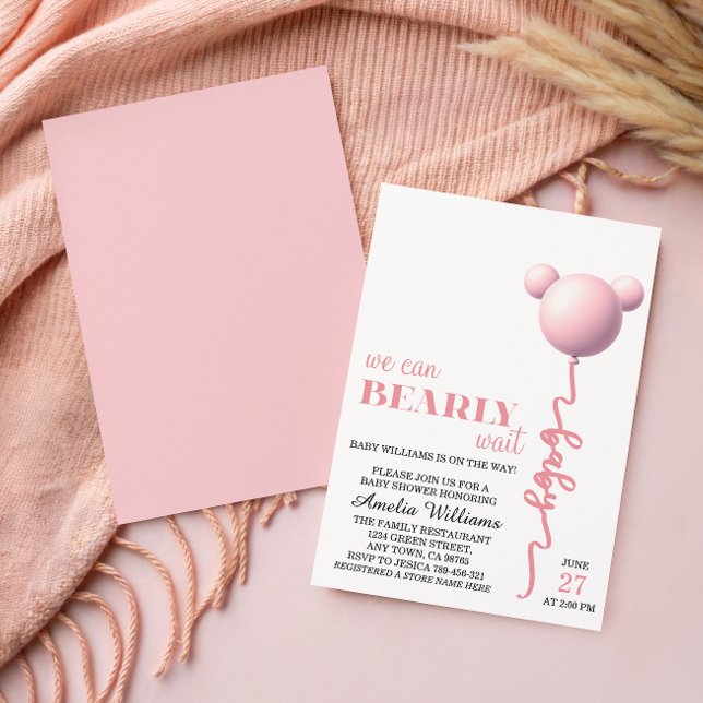 Invitación Oso Rosa Suave Esperando Globo de Teddy Niña (Subido por el creador)