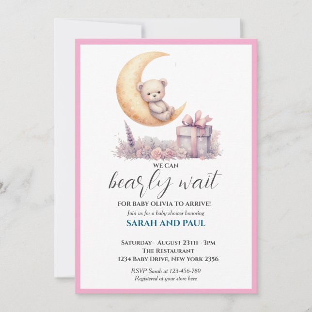 Invitación Oso Rosa Teddy Apenas Podemos Esperar  (Anverso)