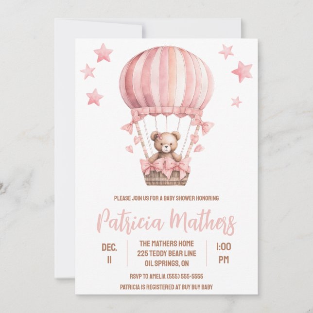 Invitación Oso rosa y marrón en Baby Shower de globo aerostát (Anverso)