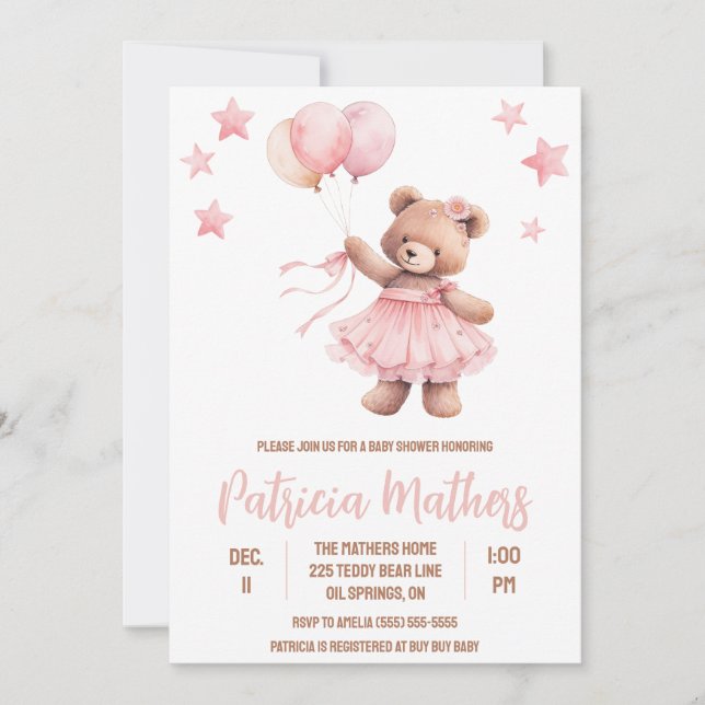 Invitación Oso rosa y marrón en Baby Shower de globo aerostát (Anverso)