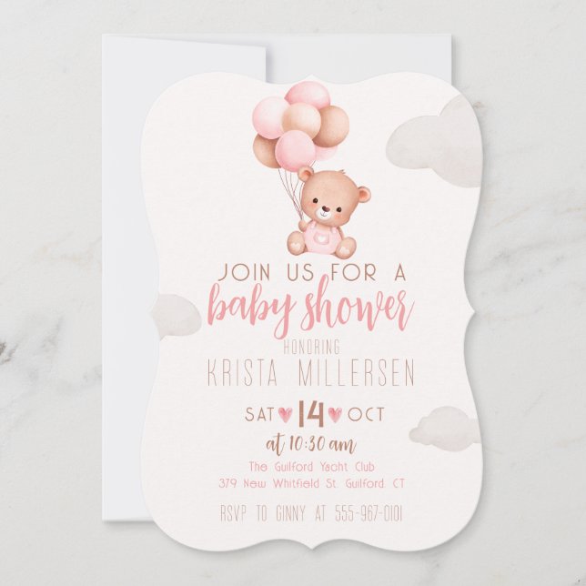 Invitación Oso rosado y beige editable de Baby Shower Invitac (Anverso)