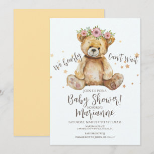 Invitación Oso Rústico Fiesta de Bebé Niña Floral